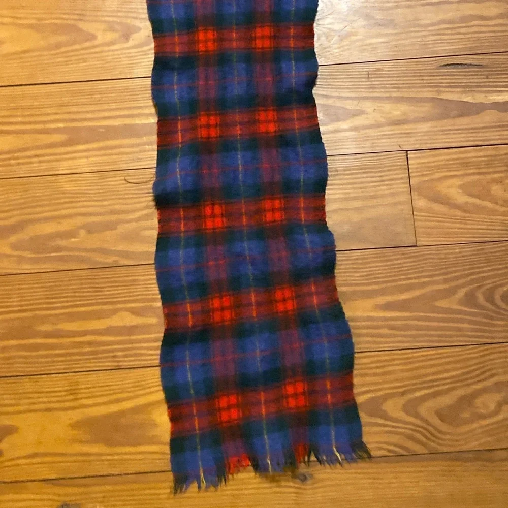 Wool Tartan Plaid Scarf Red and Blue Fringe